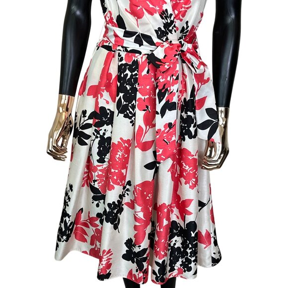 Jessica Howard Pink Black Floral Fit & Flare Dress Size 12 Belted Pleated Midi - Picture 7 of 11